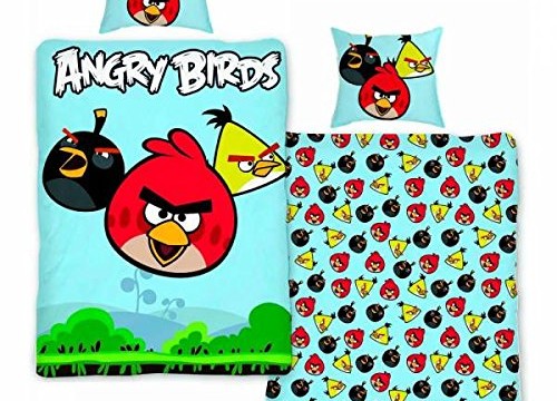 Housse de Couette + Taie d’oreiller – Angry Birds – Rouge/Jaune/Noir – 100% Coton – 140×200 cm