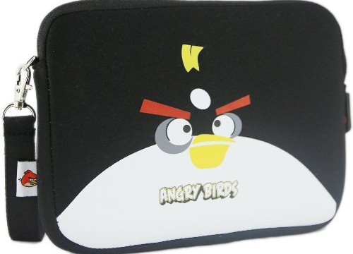 Sacoche noire pour tablette (iPad ou Android) Angry Birds (néoprène, imperméable, double fermeture éclair YKK, poche extérieure, doublure intérieure peluche douce)