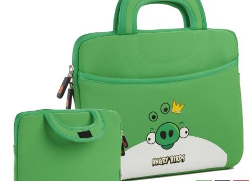 Sacoche noire pour tablette (iPad ou Android)  poignées -roi des cochons -Angry Birds -(néoprène, imperméable, double fermeture éclair YKK, poche extérieure, doublure intérieure peluche douce)