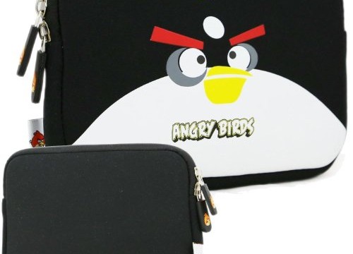 Sacoche noire pour tablette (iPad ou Android) Angry Birds (néoprène, imperméable, double fermeture éclair YKK, doublure intérieure peluche douce)