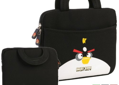 Sacoche noire  pour tablette (iPad ou Android) avec poignées- noir, bleu,  rouge,vert -25 cm- Angry Birds, (néoprène, imperméable, double fermeture éclair YKK, poche extérieure, doublure intérieure peluche douce)