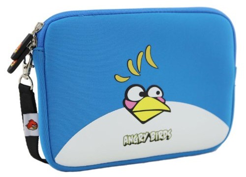 Sacoche pour tablette (iPad ou Android) avec lanière en bleu ou noir -Angry Birds (néoprène, imperméable, double fermeture éclair YKK, poche extérieure, doublure intérieure peluche douce)