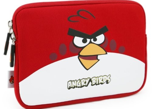 Sacoche pour tablette (iPad ou Android) Angry Birds -noir, rouge, vert -25 cm- (néoprène, imperméable, double fermeture éclair YKK, doublure intérieure peluche douce)